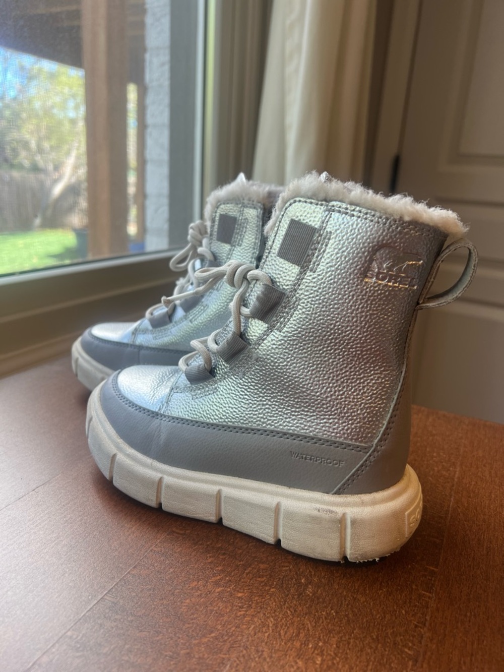 Sorel Kids Metallic Silver Winter Boots with Faux Fur Trim